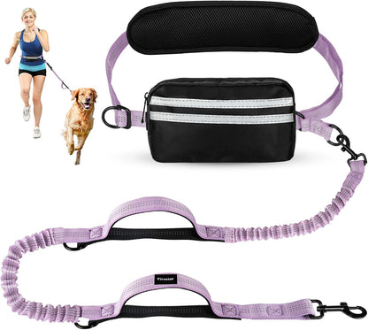 Hands Free Dog Leash, Adjustable Waist Belt with Double Padded Handles,Retractable Bungee, Waist Leash for Dog Walking,Running, No Pull,Purple