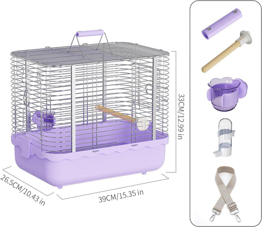 Bird Carrier Travel Cage, Durable Portable Stainless Steel Birdcage with Bird Perch & Feeding Bowl for Parrots Canaries Budgies Lovebirds Conures Cockatiels (Large Purple)