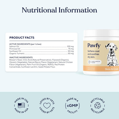 Pawfy Skin & Coat with Salmon Oil - Dog Allergy Relief Chews | Advanced Licking Paws Comfort | Dog Itching Skin Relief & Seasonal Allergies Support - Immune Support & Coat Defense | 30 Chews (Bacon)