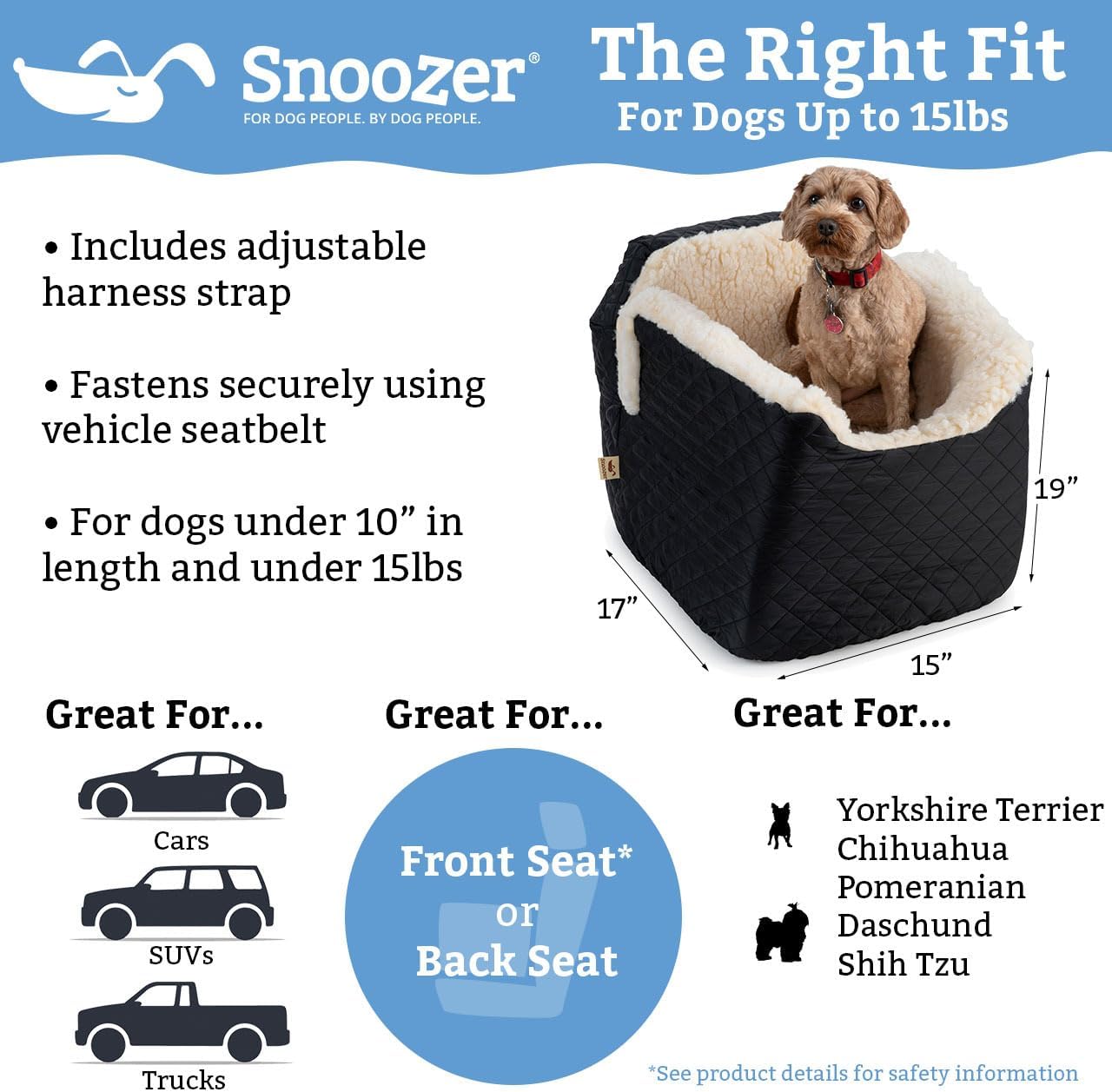 Snoozer Dog Car Seat: Lookout I Dog Booster Car Seat for Dogs Small 5-15 lbs, Pet Car Seat to Alleviate Car Sickness for Dogs, Included Harness Strap, Buckskin Removable Machine Washable Cover