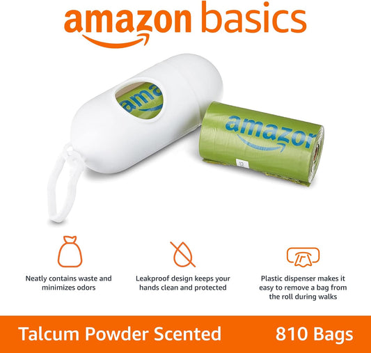 Amazon Basics Dog Poop Bags with Dispenser, 810 Count, Enhanced for Guaranteed Leakproof, Talcum Powder Scented, Includes Leash Clip