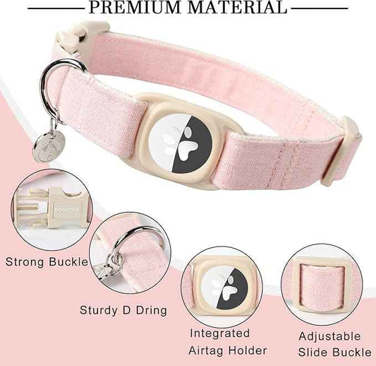 DOGWONG Airtag Cotton Hemp Dog Collar, Heavy-Duty Dog Collar with Airtag Holder Pink Natural Fabric Pet Cute Puppy Necklace for Small Medium Large Dogs