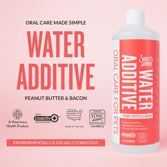 SKOUT'S HONOR Peanut Butter & Bacon Water Additive - VOHC Accepted for Tartar Control, Freshens Breath Fast, No Brushing Required, 32 oz