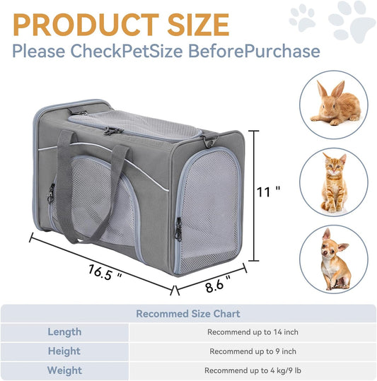 Petsfit Airline Approved Pet Carrier for Small Cats, 16.5x8.6x11 TSA Approved Carrier, with Removable Dual-Sided Padding (2-Way Placement) - Fits Under Most Airplane Seats, Escape Proof (Gray)