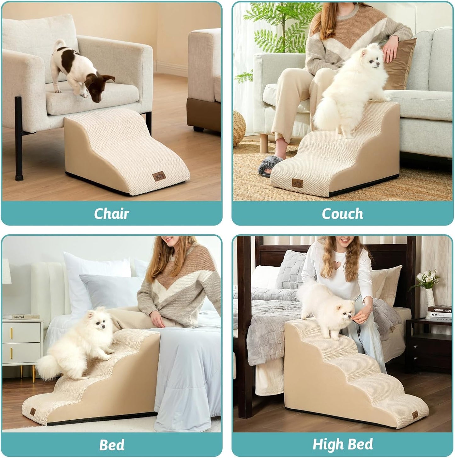 Dog Stairs for Small Dogs 15.7" H, Curved Dog Step for Puppy, Older Cat, Medium Pet Ramp for Sofa, Couch or Chair, Ladder with High Density Foam, 15.7x22.4x15.7 inch, 3 Step, Beige - Pawvie