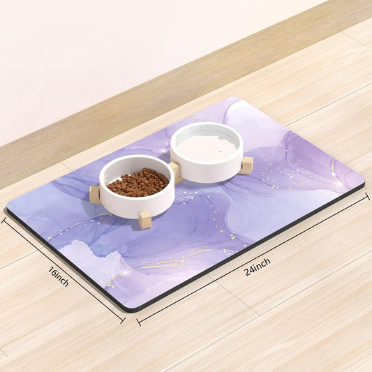 Rnivvi Dog Food Mat, 16" x 24" Marble Absorbent Dog Cat Bowl Mat for Food and Water, Cute Anti-Slip Rubber Pet Feeding Rug Protect Floors, Puppy Placemat for Feeding & Watering Supplies, Purple