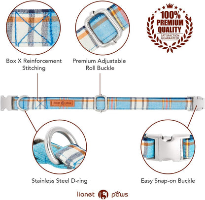 Lionet Paws Boy Dog Collar with Bowtie, Comfortable Adjustable Cute Blue Plaid Bow Tie Collar for Male Puppies and Cats Gift, XXS, Neck 7-11 inches