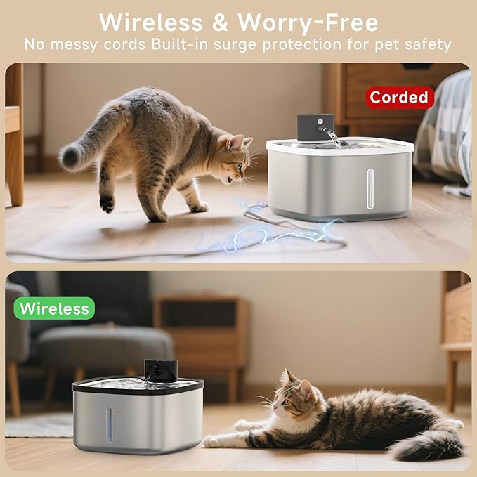 Wireless Cat Water Fountain Stainless Steel, 118oz/3.5L Cordless Automatic Pet Water Dispenser for Cats Indoor, with Motion Sensor, Ultra Quiet Pump, Rechargeable & Multi-Filtration-8Filters