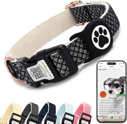 WhoseID Dog Collar with Waterproof AirTag Holder & Anti-Lost QR Code, Cute Bling Warpping Adjustable Width for Small Medium Large Pet (Black, L)