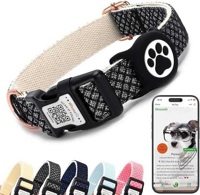 WhoseID Dog Collar with Waterproof AirTag Holder & Anti-Lost QR Code, Cute Bling Warpping Adjustable Width for Small Medium Large Pet (Black, M)