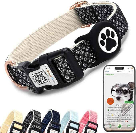 WhoseID Dog Collar with Waterproof AirTag Holder & Anti-Lost QR Code, Cute Bling Warpping Adjustable Width for Small Medium Large Pet (Black, M)