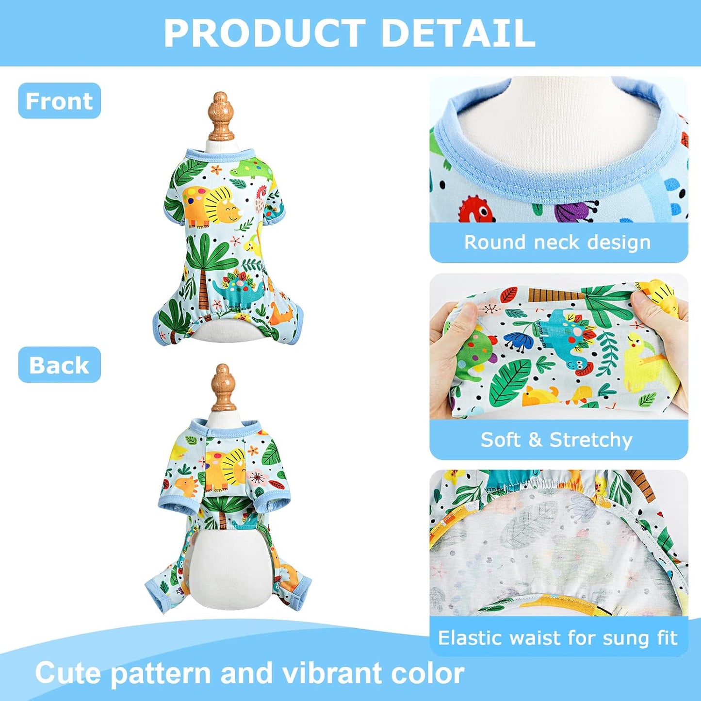 Dog Pajamas Pjs Spring Summer Dog Clothes for Small Dogs Girl - Boy - Medium Size Dogs, Soft Stretchy Puppy Clothes Doggie Onesies Cat Pet Jammies Outfit (Dinosaur Blue, X-Small)