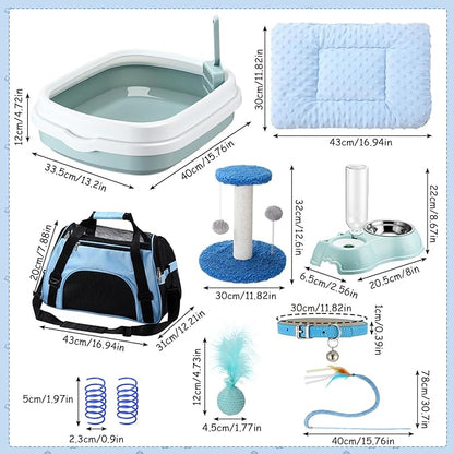 Eccliy Kitten Starter Kit, 10 Pcs Cat Starter Kit for Indoor Cats Kitten Essentials Includes Litter Box, Pet Toy, Folding Carrier, Climbing Frame, Mat, Collar, Automatic Food Bow(Classic,Blue)