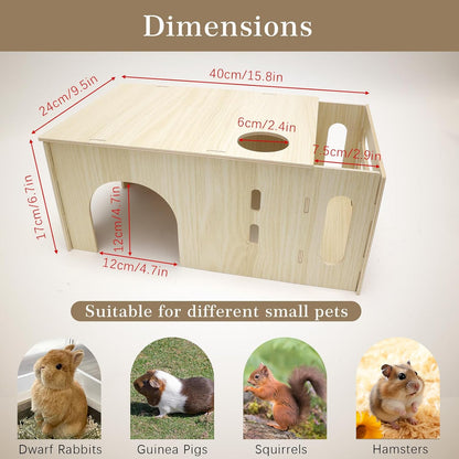 Guinea Pig Hideout Castle with Hay Feeder, Wooden Chinchilla House and Hay Rack, Small Animals Habitats Hut Accessories for Bunny, Rabbit, Hedgehog Playing Hiding, Easy Assembly