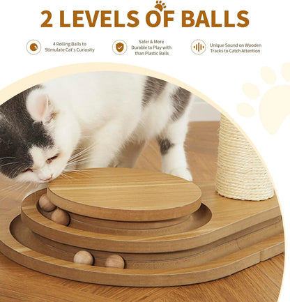 Made4Pets Cat Scratching Post Cat Scratcher Kitten Toys for Indoor Cats Wooden Ball Track Two-Layer Modern Sisal 23.4" Tall Scratch Post Interactive Toy with Dangling Ball Middle Size