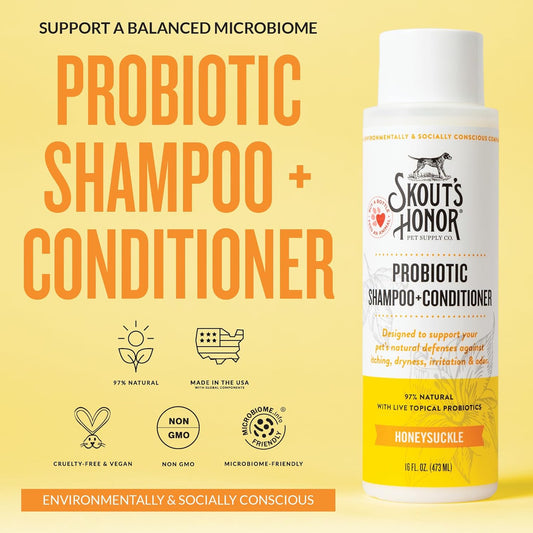 Skout's Honor Probiotic Dog Shampoo & Conditioner with Avocado Oil & Omega-3s, 97% Natural, Paraben & Sulfate-Free, Cruelty-Free, 16oz, Honeysuckle 2-Pack
