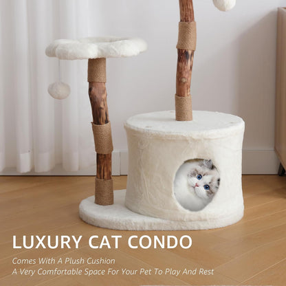 NATURAL EXPRESSIONS Modern Cat Tree and Tower for Indoor, Luxury Solid Wood Condo for Large Cats, Flower Cat Tree with Scratching Post, Cat Climbing Furniture with Cat Hiding Enclosure