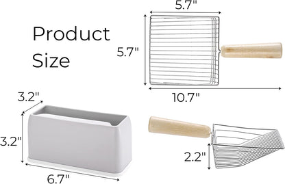 Hiceeden Set of 2 Cat Litter Scoop with Holder, Metal Kitty Litter Scoop Holder with Wooden Handle, Cat Poop Scooper for Kitten Litter Box, Fast Sifting, Gray and Blue