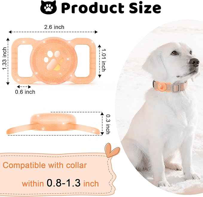 SANKALA Luminous Airtag Dog Collar Holder, [1 Pack] Glitter Waterproof Airtag Holder for Dog, Silicone Full Body Covered Anti-Lost Protective Airtag Case - Fits All Width Collars, Orange Glitter