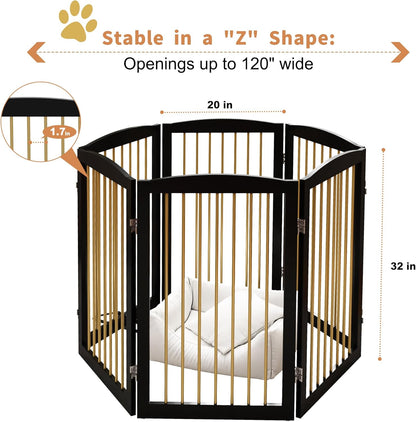 Freestanding Pet Gate for Dogs, Indoor Wooden Dog Gate for House, Extra Wide Dog gate, Foldable Dog Gate for Stair, Doorway, Hall, Support Feet Included, 120 Inch Wide, 6 Panels 32",Black&Gold