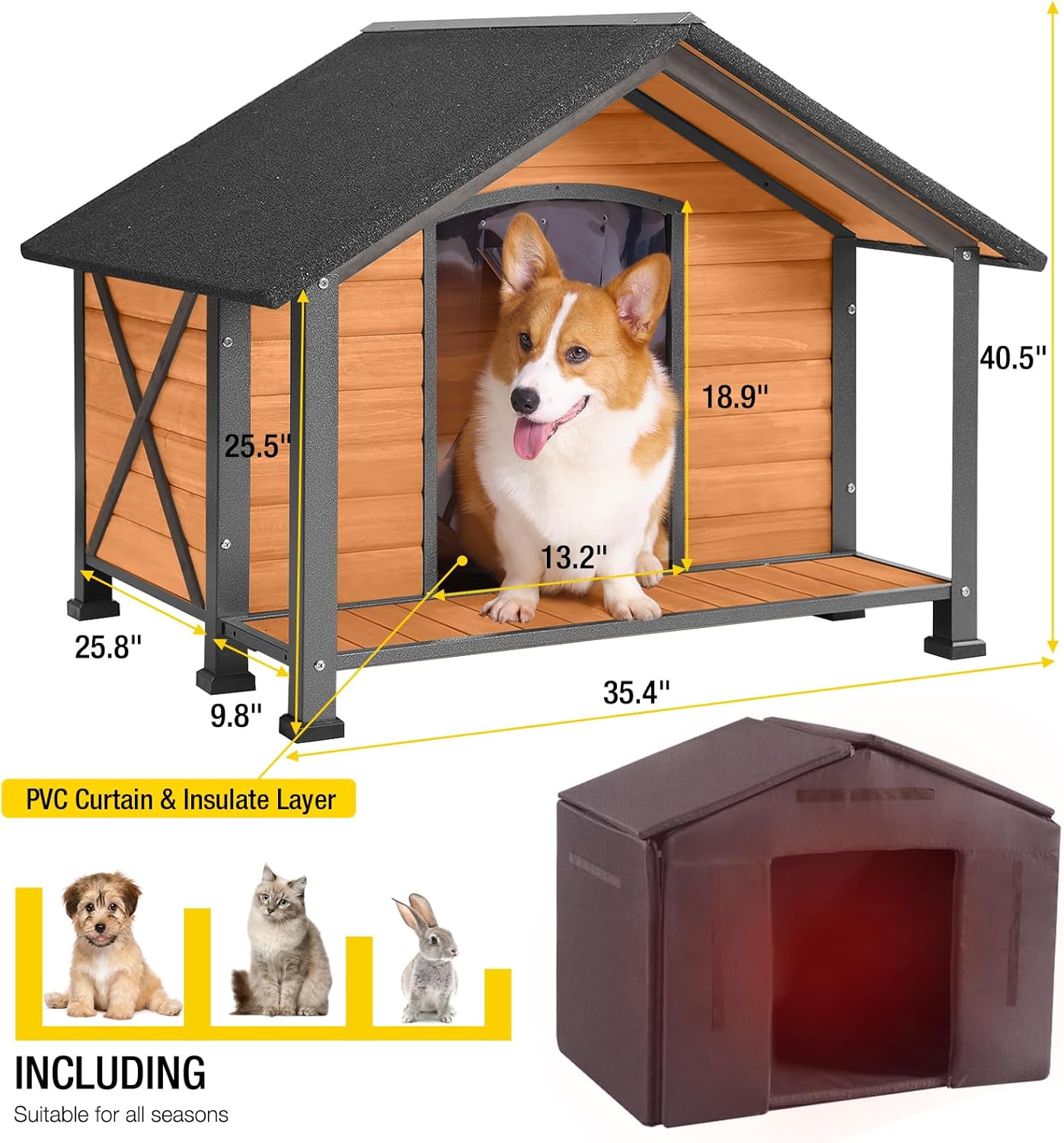 Aivituvin Dog House with Insulated Liner Outdoor All-Around Iron Frame Dog Kennel Outside with Overhang Roof Large Porch Weatherproof