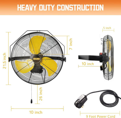 HiCFM 4600 CFM 18 inch Outdoor Safety Yellow Wall Mounted Fan with IP44 Enclosure Motor, Sealed Control Box, 9 FT Cord & GFCI Plug, 3-Speed Weatherproof for Patio, Workstation - UL Listed, 2 Pack