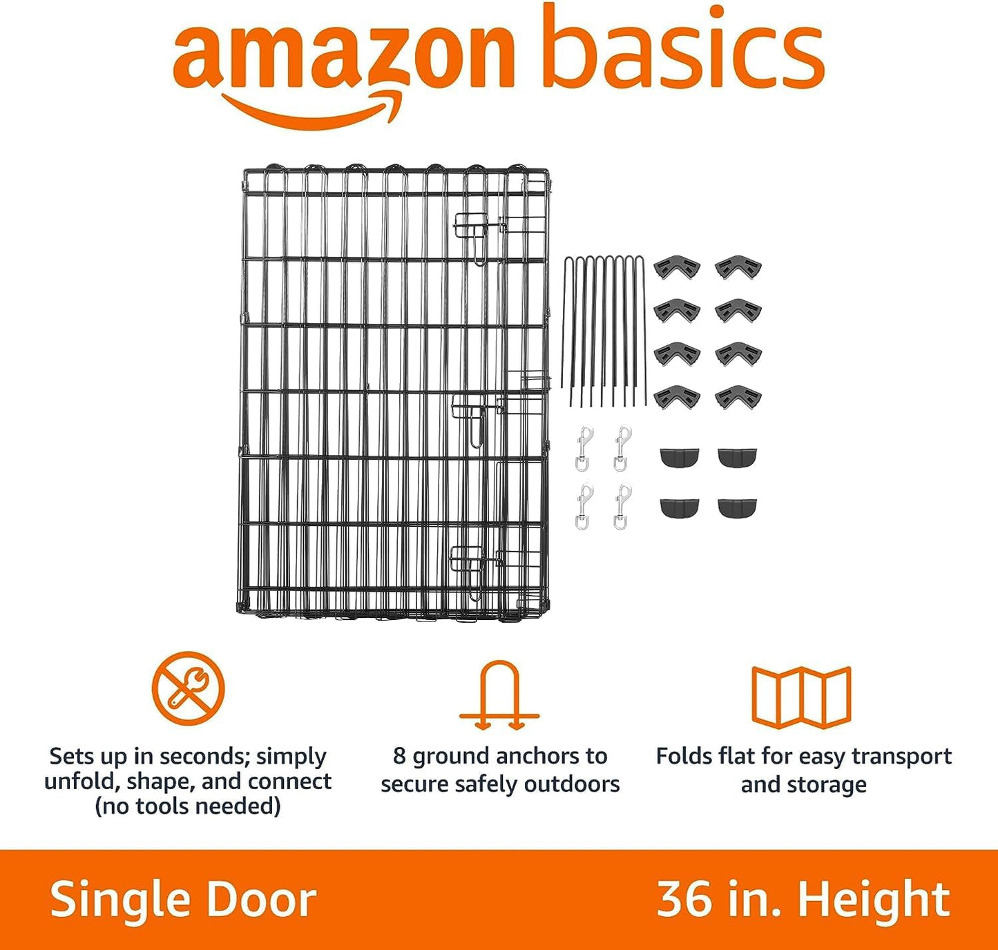 Amazon Basics Foldable Octagonal Metal Exercise Dog Playpen - Indoor/Outdoor, Single Door, Medium (8 Panels, 24 x 36), Easy to assemble and store, 36" - Medium, Black