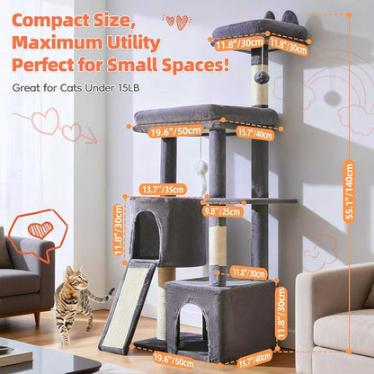 Taoqimiao Cat Tree for Indoor Cats, 55.1In Sturdy Cat Tower, Large Platform, Rotatable Round Condo with Large Scratch Board, Extended Cat House, Thickened Full-Sisal Scratching Post, Smoky Gray, F10G