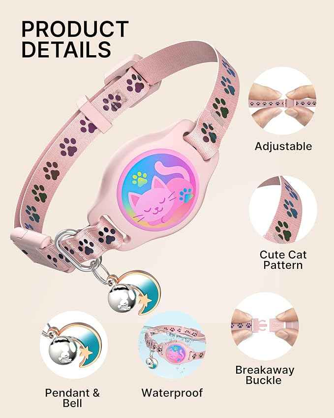 Cat Collar with Airtag Holder, 2 Pack Waterproof Breakaway Kitten Collar for Apple AirTag GPS Tracker, Adjustable Cat Collar with Buckle, Bell & Reflective Pattern for Cats, Kittens, Pink (8-11")