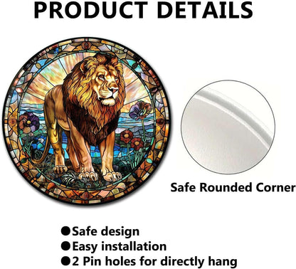 Lygond Metal Sign Tin Sign Circular Stained Glass Lion Garden Metal Sign for Club 12×12 Inches