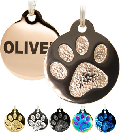 Engraved Pet Tag for Dogs and Cats - Personalized Front & Back up to 4 Lines of Text Custom Engraved ID, Round Paw Print Solid Plating Stainless Steel Rose Gold Small