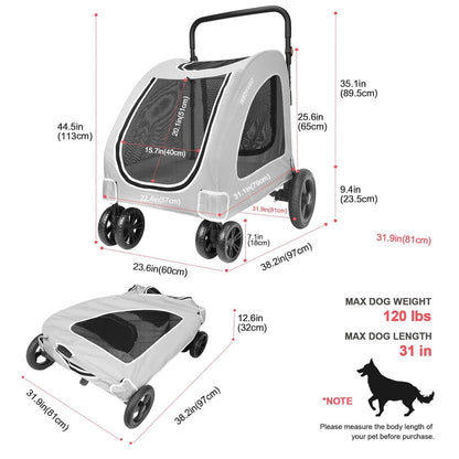 Large Dog Travel Stroller with 4 Heavy Duty Wheels Pet Stroller with Adjustable Handle - Double Doggie Capacity Jogger Wagon with Back Front Door for Small Medium Large Dogs (Grey) - Pawvie