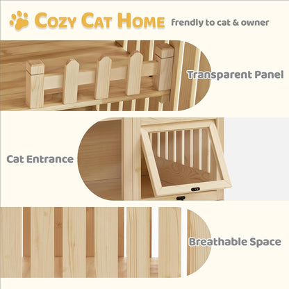 MCombo Wooden Cat Houses for Indoor Cats, Luxury Kitten House with Scratching Pad, Lockable Doors, Wheels, CT090