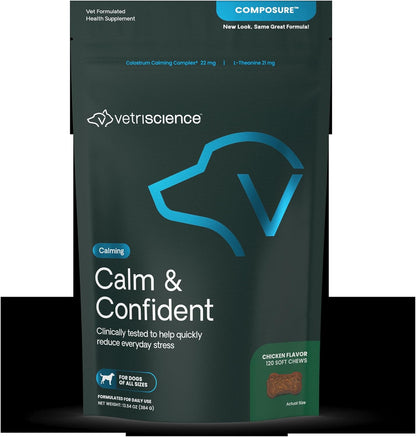VetriScience Calm & Confident Chews, Composure Clinically Tested Calming Supplement for Dogs, Reduce Stress & Fear, Ideal for Thunderstorms, Fireworks & Travel, Chicken, 120 Count - New Look