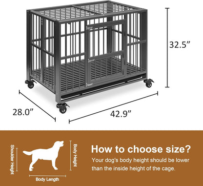 Polar Aurora Heavy Duty Dog Crate, Foldable Indestructible Dog Kennel, Escape Proof Extra Large Dog Cage with Lockable Wheels, High Anxiety Pet Playpen with Double Door for Indoor/Outdoor Use. (43in)