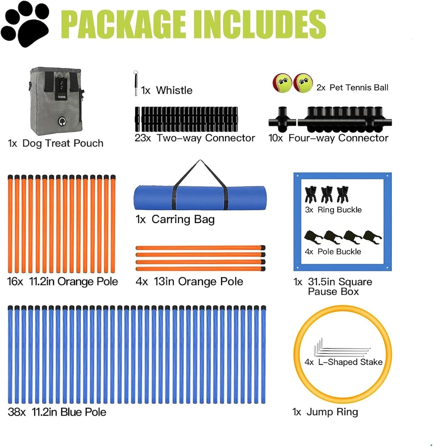 Dog Agility Equipment Set, Obstacle Courses Training Starter Kit Includes Adjustable High Jump Hurdle, Hoop, Weave Poles, Pause Box, Treat Pouch with Easy Carry Bag