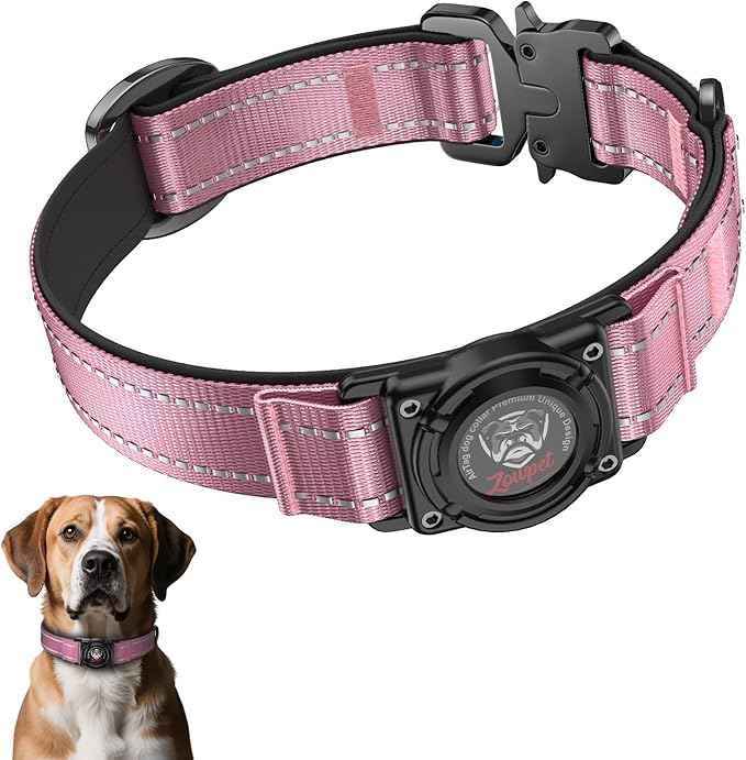 2026 Upgrade Airtag Dog Collar, Reflective Dog Collar with Airtag Holder, IP68 Waterproof| Metal Buckle| Ultra-Durable| Comfortable Padded, GPS Dog Collars for Medium Large Dogs (Pink,L)