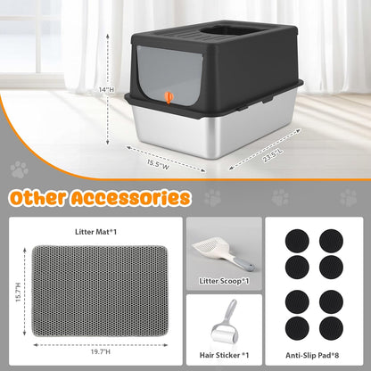 Litter Box with Lid, Stainless Steel Litter Box XL, 14" H Metal Cat Box with High Sides Wall Enclosure, Cat Pan, Non-Sticky, Easy Clean, Anti-Leakage, Black