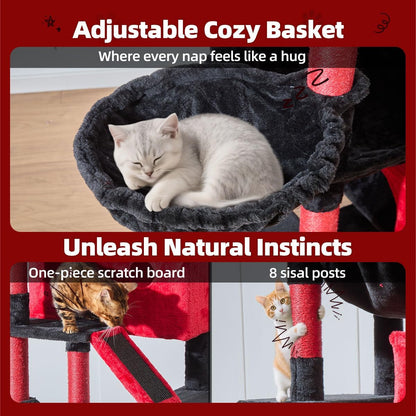 Taoqimiao Gothic Cat Tree 71-Inch, Cat Tower for Indoor Cats Large Adult, Large Cat Condo, 8 Sisal Scratching Posts, Metal Frame Cozy Hammock, Scratch Board, 2 Perches, Black and Red MS026LBR