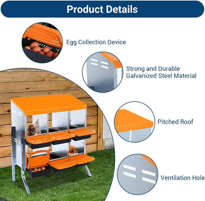 Chicken Nesting Boxes, 6 Hole Metal Chicken Laying Box with with Removable Trays and Roll Out Egg Collection for Chicken Coop, with Metal Bracket, Orange
