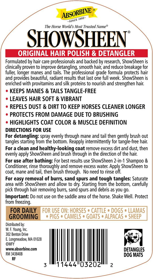 Absorbine ShowSheen Hair Polish & Detangler 32oz Refill Bottle, Horse and Dog Coat, Mane and Tail, Instant Detangling & Reduces Hair Breakage for Healthy Grooming & Radiant Shine