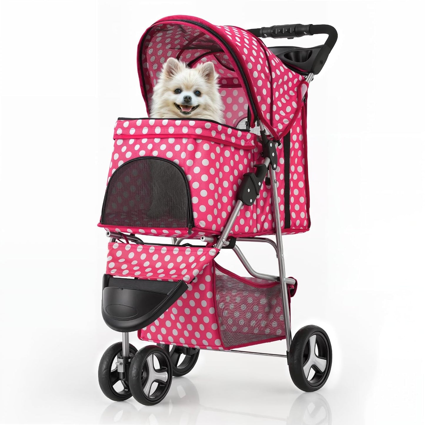 MoNiBloom 3 Wheels Pet Dog Cat Stroller for Small Medium Dogs Cats, Foldable Jogger Stroller w/Storage Basket and Cup Holder, Hot Pink Polka Dots - Pawvie