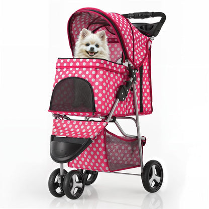 MoNiBloom 3 Wheels Pet Dog Cat Stroller for Small Medium Dogs Cats, Foldable Jogger Stroller w/Storage Basket and Cup Holder, Hot Pink Polka Dots - Pawvie
