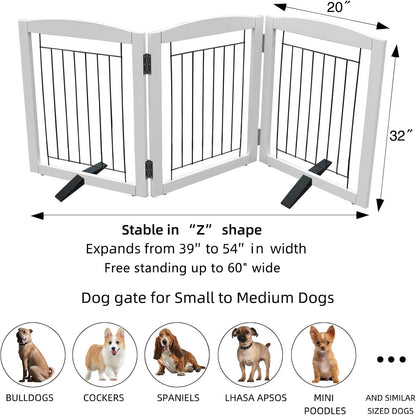ZJSF Freestanding Dog Fence Indoor, Foldable Dog Gate for Doorways, Stairs or Hallways, Sturdy Wood Extra Wide Pet Gate with Support Feet for The House, White, 32 "Height-3 Panels