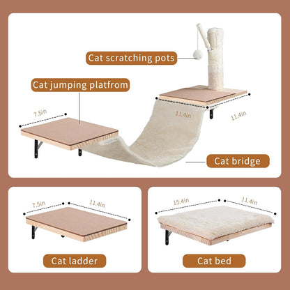 Wall Mounted Cat Climber Set, Cat Wall Shelves,Cat Wall Furniture Set,with Hammock,Jumping Boards,Sofa,Steps,Scratching Post,Hanging Ball and Felt Pads, Suit for Cats Climb, Jump,Scratch-Beige