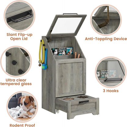 Dog Feeding Station with Storage - Large Capacity Dog Food Storage Cabinet with 2 Removable Stainless Steel Bowls, Flip Top Pet Food Container Toy Storage Organizer - Grey