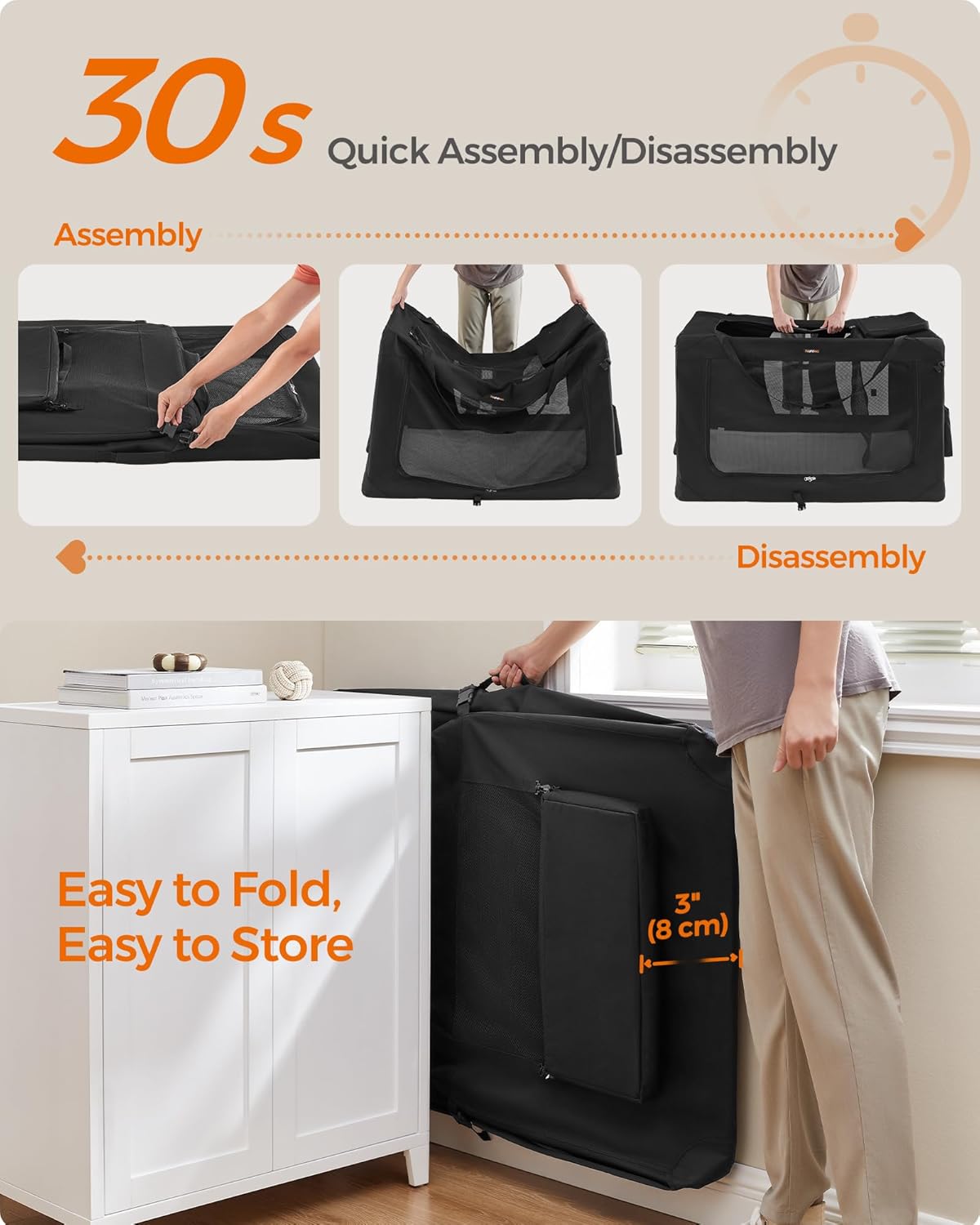 Feandrea 48 Inches Collapsible Soft Dog Crate, Portable Travel Dog Crate for Indoor and Outdoor Use, Dog Carrier Kennel with Safety Zippers, for Living Room, Car, Travelling, Camping, Black UPDC12H