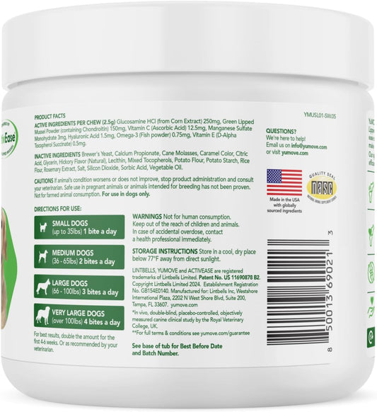 Yumove Dog Joint Supplement, Hip and Joint Supplement for Dogs with Glucosamine Chondroitin, Hyaluronic Acid, Green Lipped Mussel and Omega 3, Dog Hip and Joint Aches and Stiffness (150 Tasty Bites)