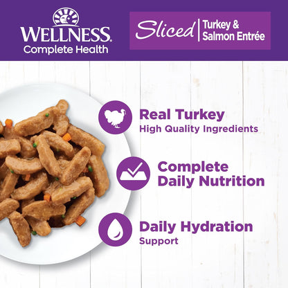Wellness Complete Health Sliced Adult Wet Cat Food, Natural, Protein-Rich, Grain Free, 5.5 Ounce, 24 Pack, (Turkey & Salmon Entrée)