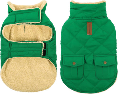 Queenmore Warm Dog Coat, Cold Weather Puffer Dog Coat Vest, Quilting Winter Pet Jacket Ultra Thick Plush Fleece Lining Pet Clothes for Dogs with Storage Pockets (Forest Green,X-Large)